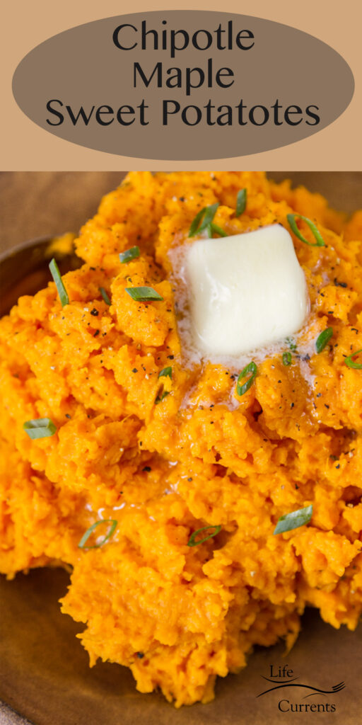 Chipotle Maple Sweet Potatoes on a brown plate with a pat of butter and garnished with green onions. Title on top