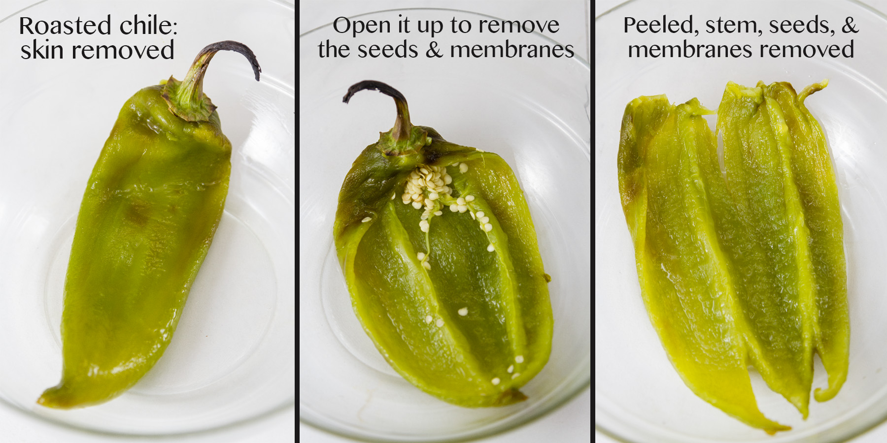 three images of roasted peppers being cleaned