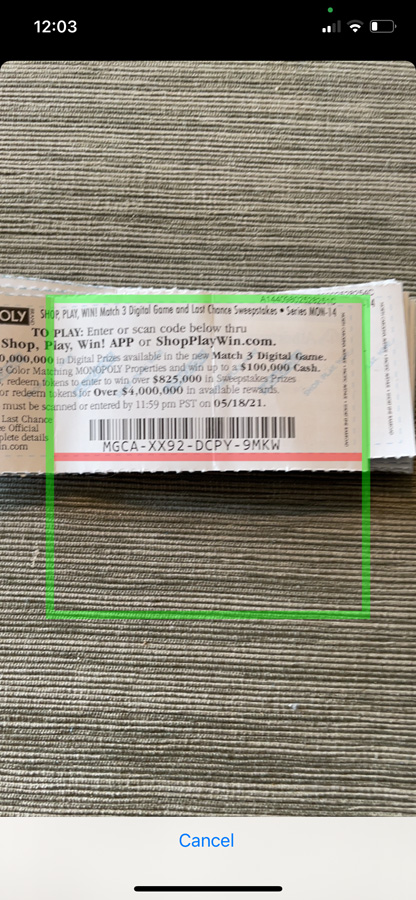 Scanning a ticket with the How to play MONOPOLY SHOP, PLAY, WIN!® app