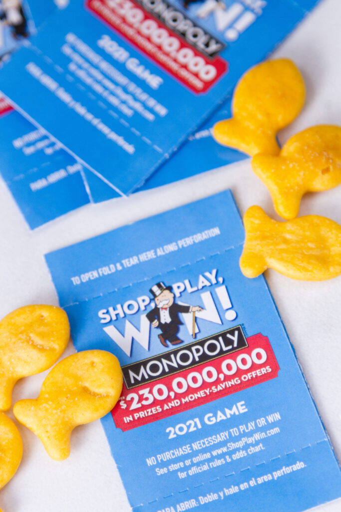 SHOP, PLAY, WIN!® game pieces with Goldfish crackers
