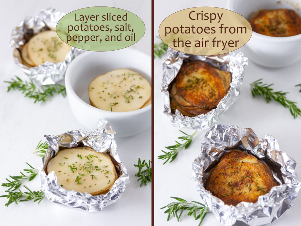 how to make Air Fryer Potato Stacks, raw potatoes on left and cooked on the right.