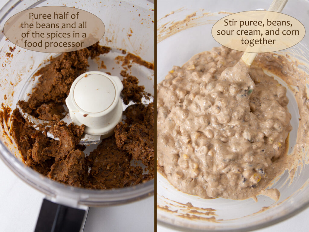 how to make enchiladas: puree black beans and spices, combine with sour cream and corn.