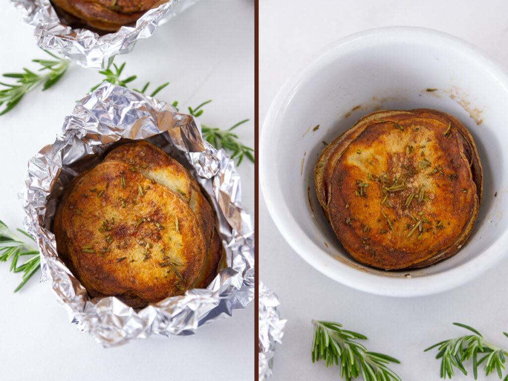 stacked potato slices in foil on the left and in a ramekin of the right.