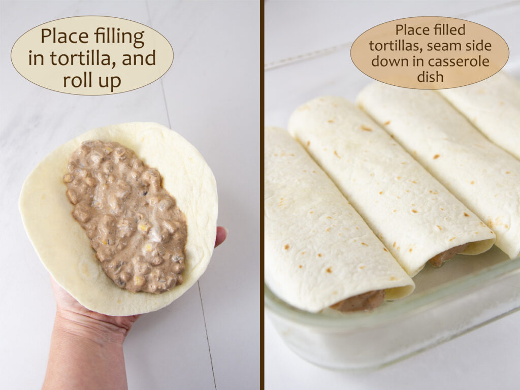 how to make enchiladas: fill the tortilla, roll up, and place in casserole dish.