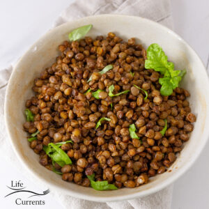 square crop of cooked lentils in a white bowl garnished with fresh herbs.