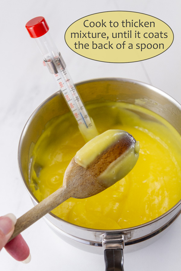 How to make Lemon Cream Pie, process shots: cooked lemon curd coats the back of a wooden spoon.