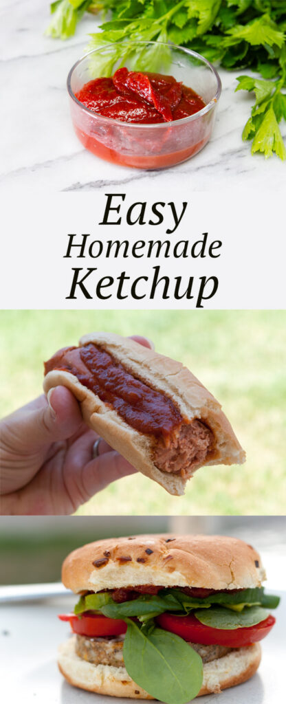 three images of ketchup, in a glass jar, on a hot dog, and on a hamburger.