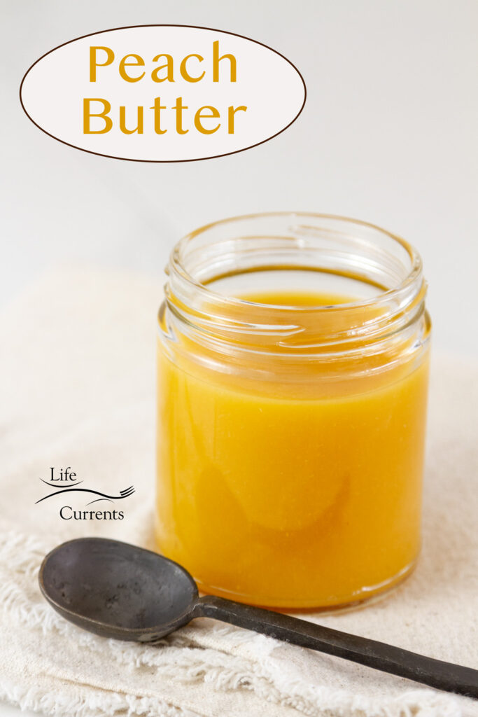 Peach Butter is a glass jar with a spoon and the title on image.