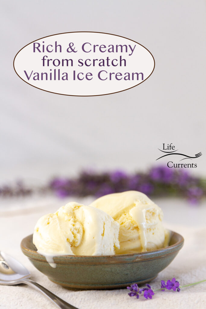 a dish of vanilla ice cream with lavender flowers in the background, title on image.