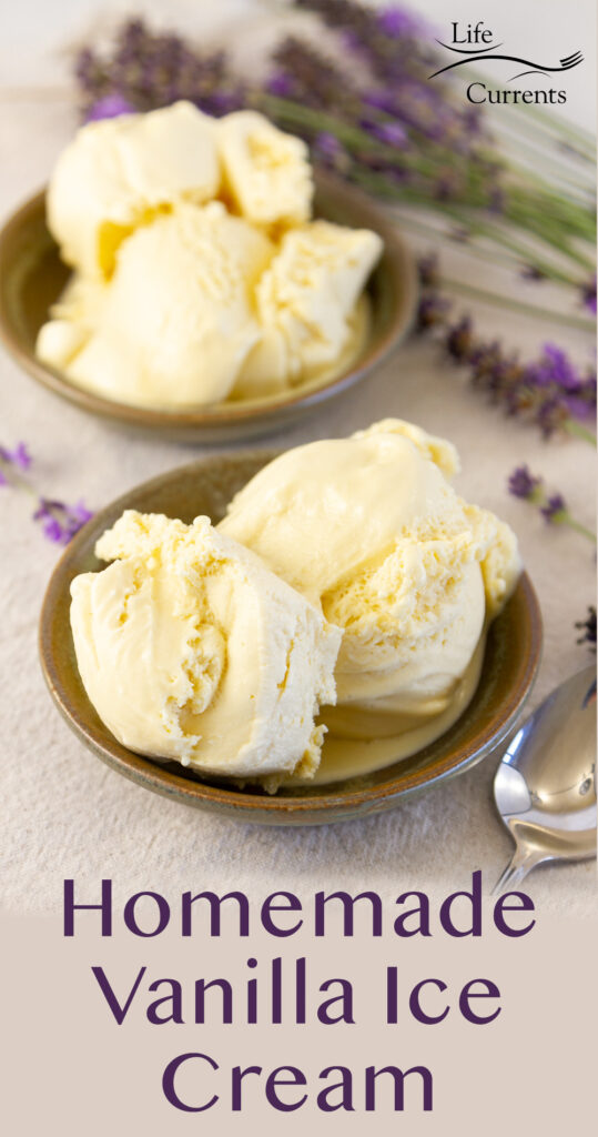 two bowls of vanilla ice cream with a spoon and lavender flowers.