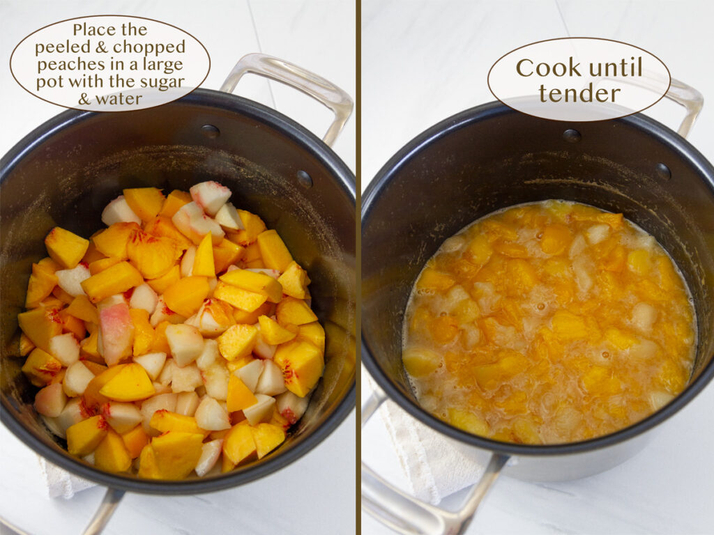 how to make fruit butter, place peaches in pot and cook down.