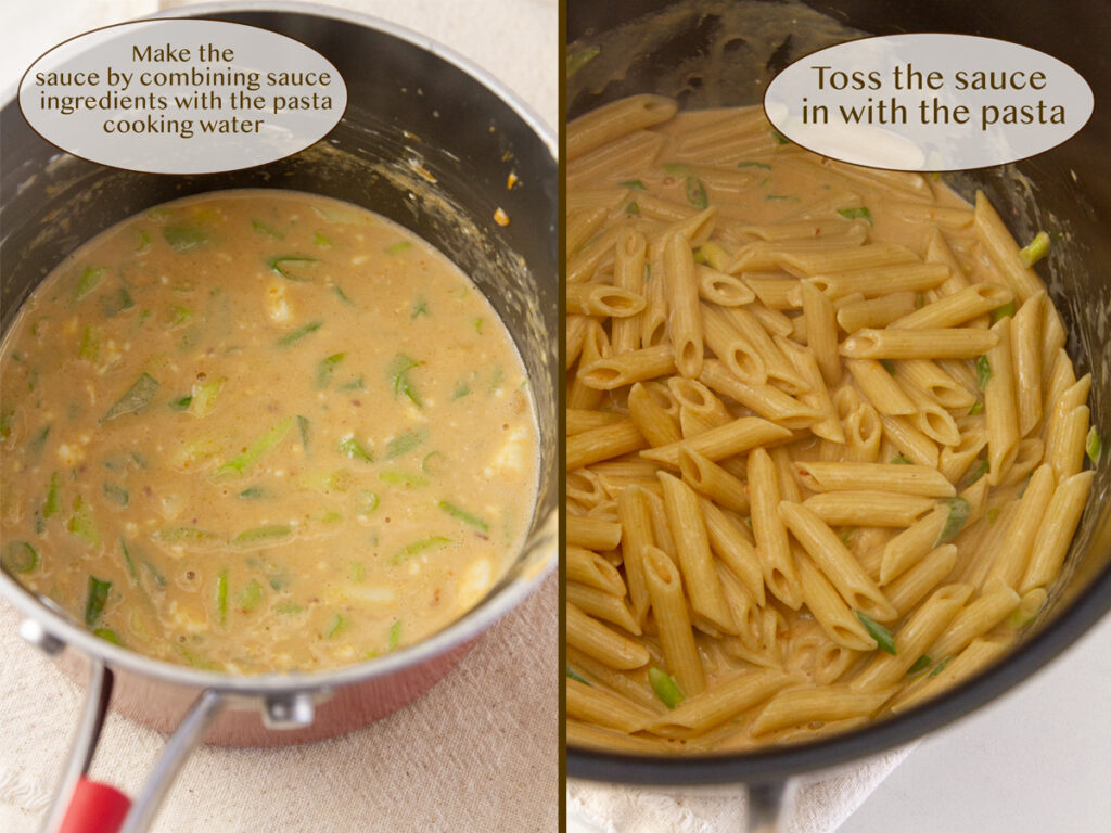 make the sauce and cook the pasta, toss the sauce onto the pasta.