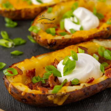 square crop of potato skins filled with cheese, bacon, green onions, and sour cream.