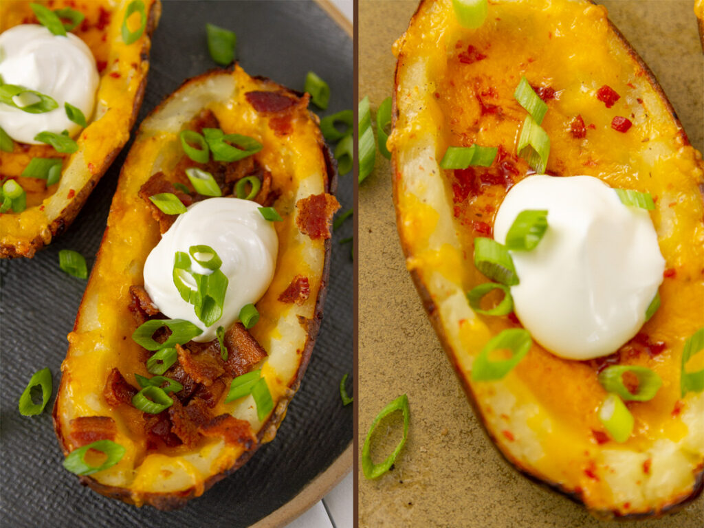potato skins filled with bacon on the left and with "bacos" on the right