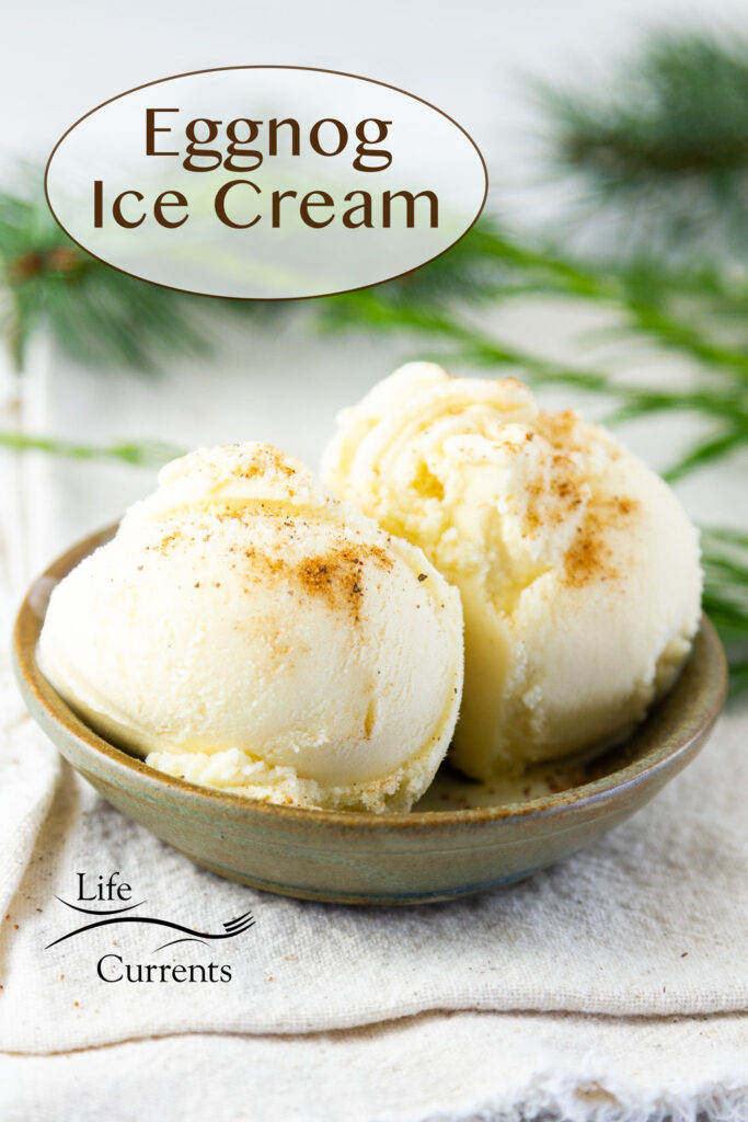 A bowl of two scoops of Eggnog Ice Cream topped with nutmeg and surrounded by evergreens.