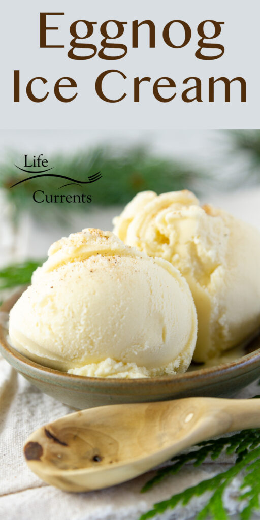 a bowl of Eggnog ice cream with a wooden spoon, title on top.