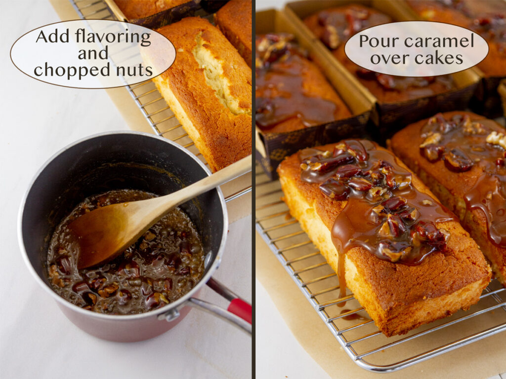 topping the cakes with the caramel.