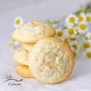 square crop of Amish Sugar Cookies stacked and one in front, flowers in the background.