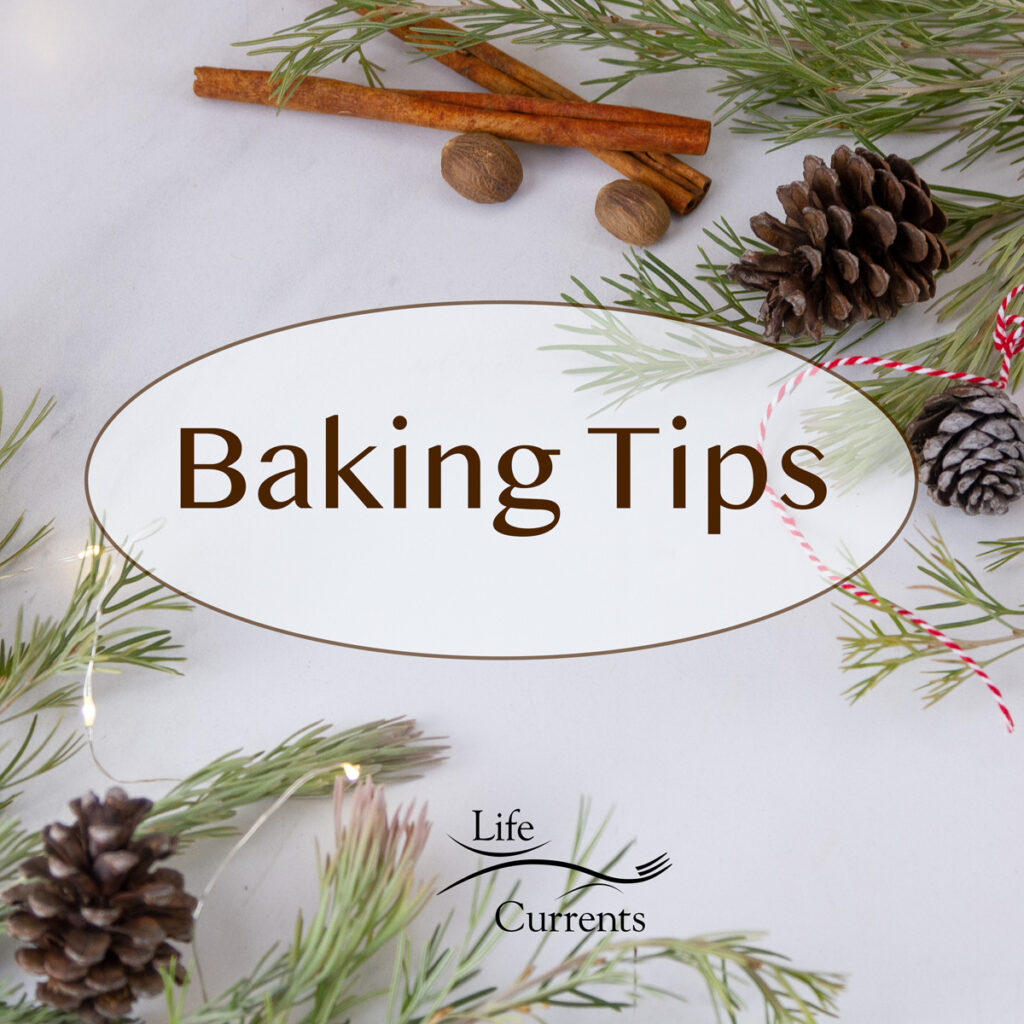 square crop of title image: Baking Tips with pine cones and boughs of greenery around.