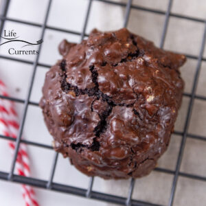 square crop of one chocolate cookie on a wire rack.