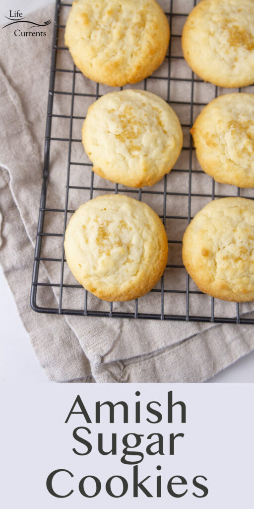 Amish Sugar Cookies on a wire cooling rack with the title on the bottom of the image.