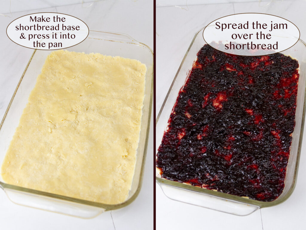 how to make these bar cookies: shortbread base and fill with jam.