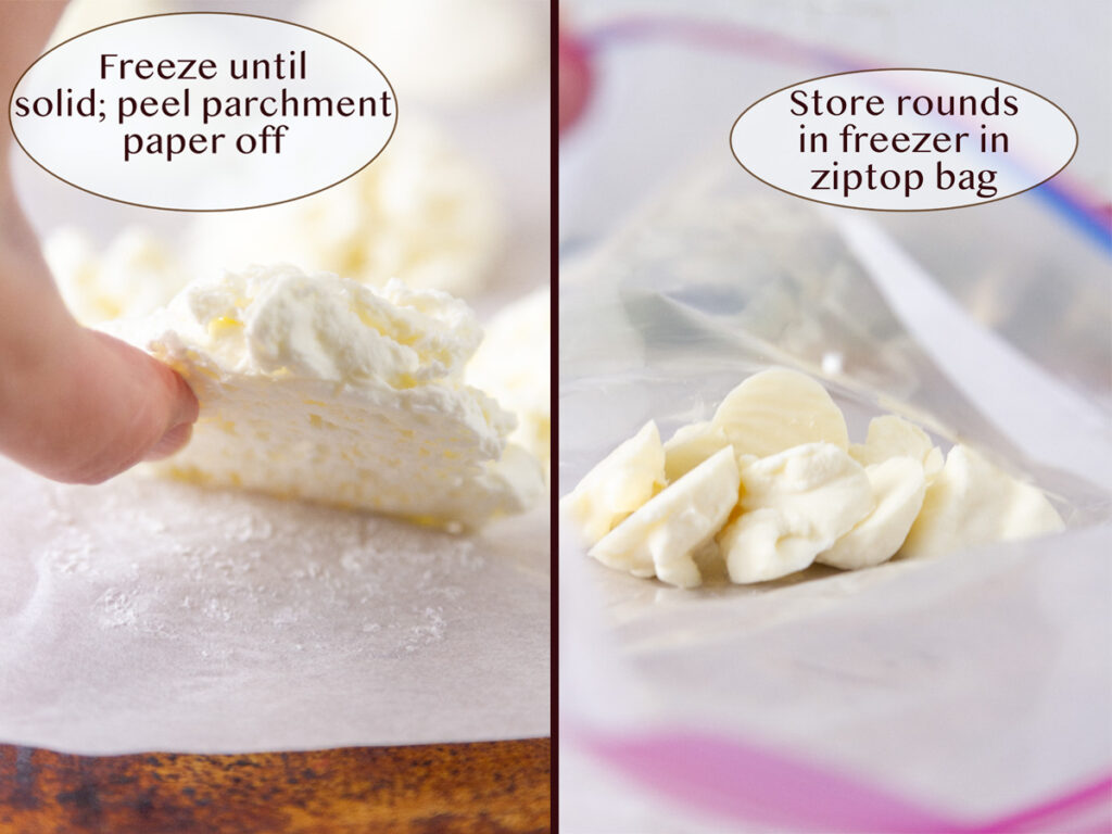 whipped cream being frozen in mounds for drink toppers.