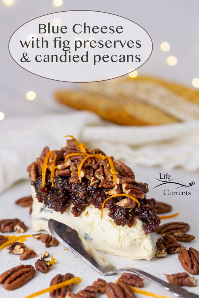 a wedge of Blue Cheese with fig preserves and candied pecans in front of crackers, with twinkle lights around.