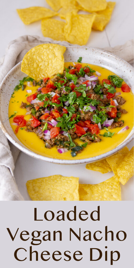 a bowl of Vegan Nacho Cheese Dip with chips, title on bottom.
