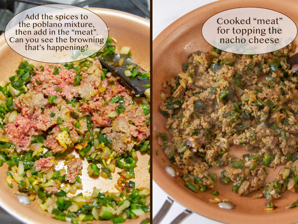 cooking the plant-based meat in a skillet.