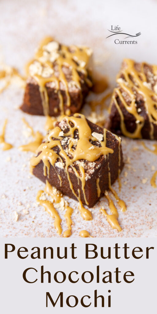 Some squares of cocoa mochi on a plate drizzled with peanut butter, title underneath: Peanut Butter Chocolate Mochi.