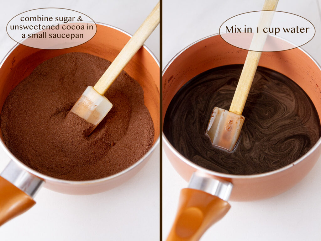 making cocoa syrup for mochi, sugar and cocoa on left, added water on right.