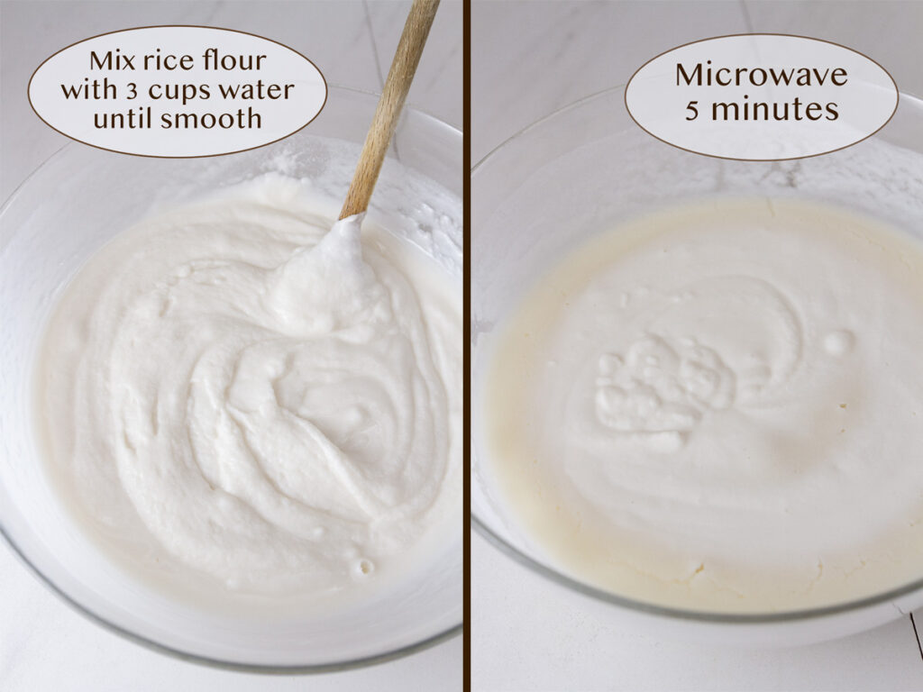 making mochi dough, mix sweet rice flour with water and cook.