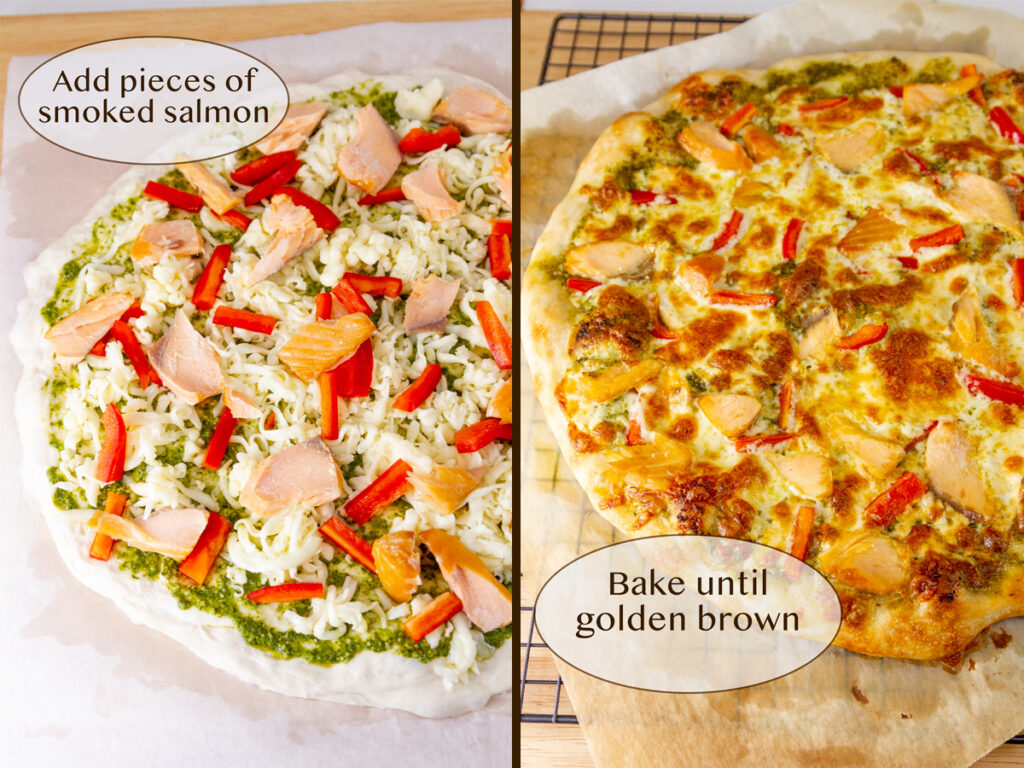 pizza with pesto, cheese, red peppers and smoked salmon on the left, baked on the right.
