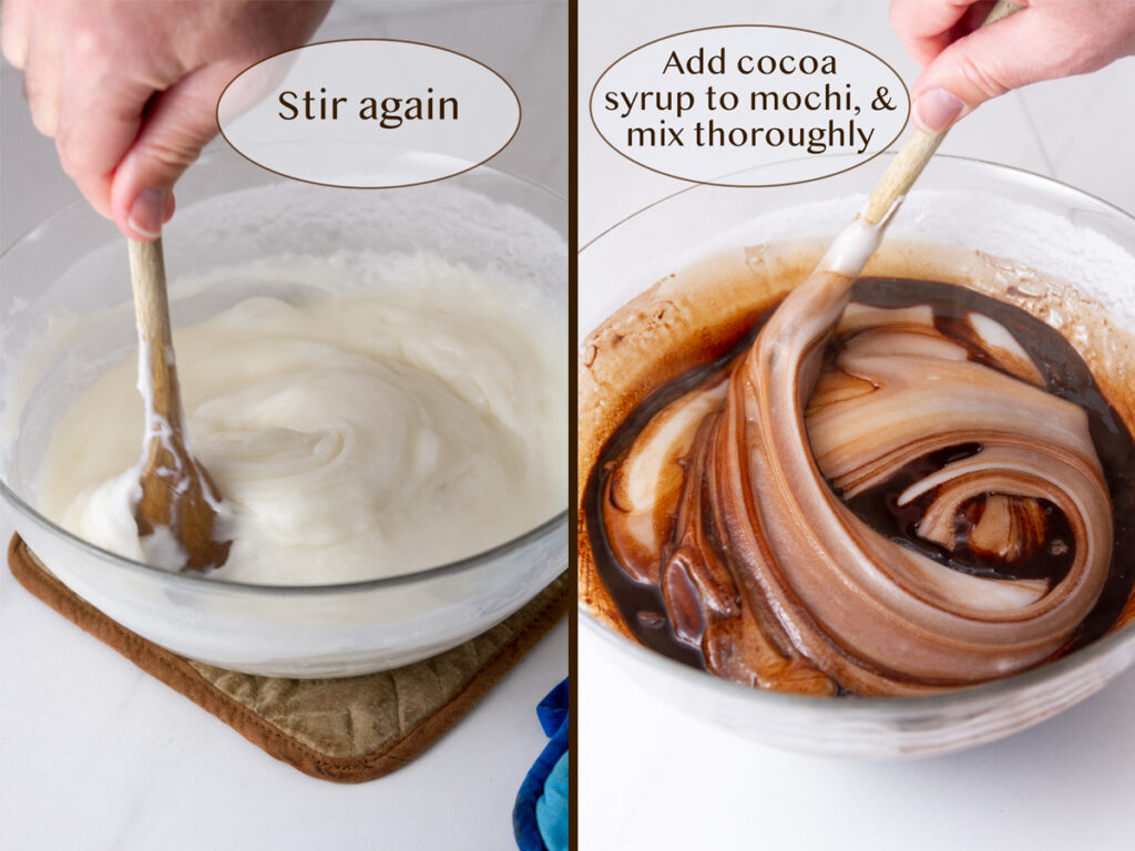 making cocoa mochi, stirring the dough in a bowl and adding the cocoa syrup.