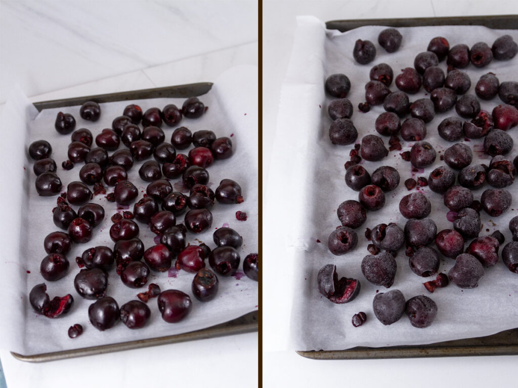 two images of cherries on a rimmed baking sheet with parchment paper: fresh on left, frozen on right.