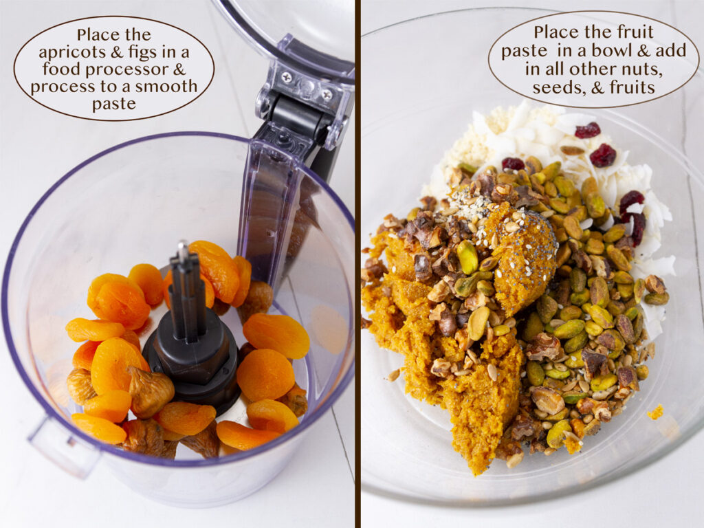 dried fruits in the bowl of a food processor on left, fruit puree, dried fruits and nuts in a bowl on right.