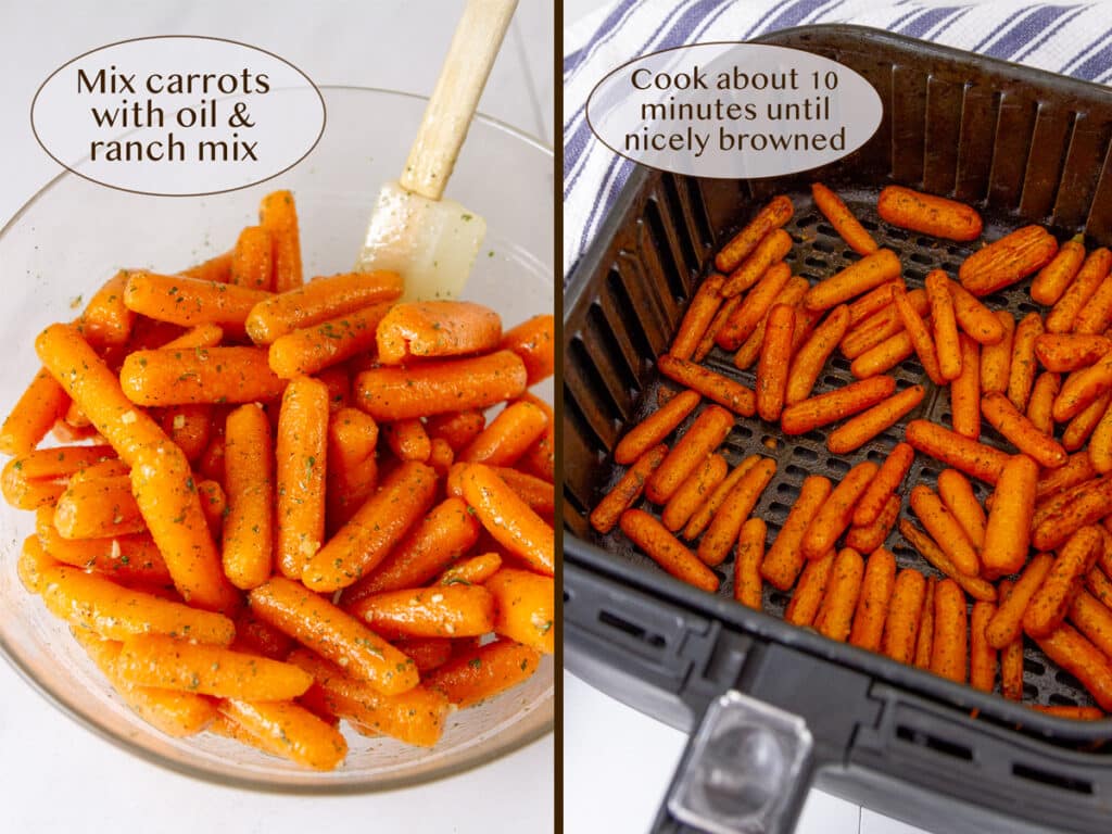 how to make air fryer ranch carrots, toss the carrots with seasonings on left, place in air fryer basket on right.