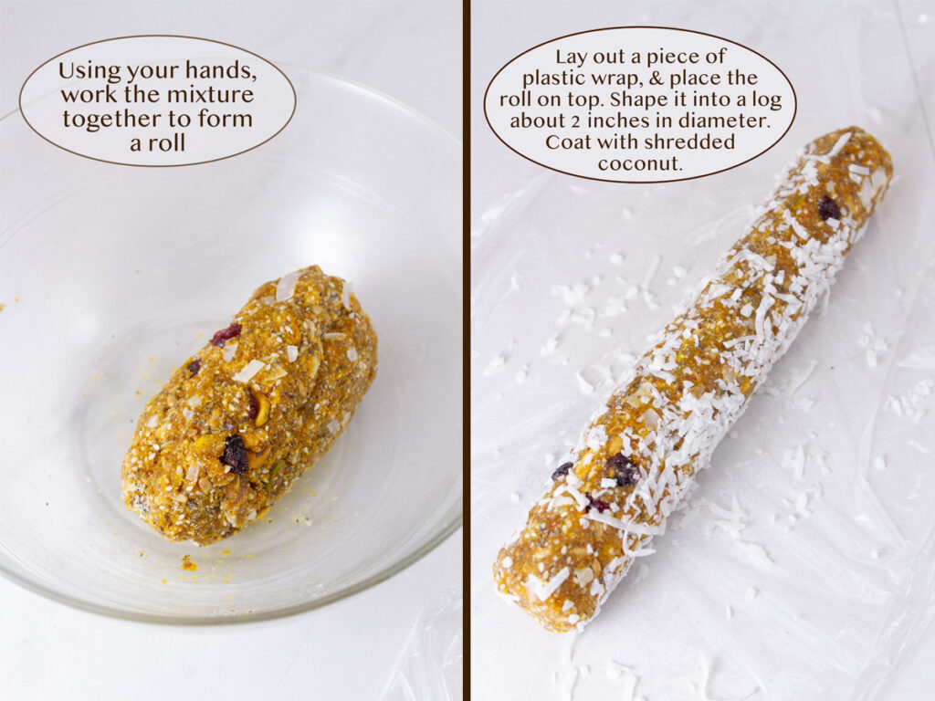 mix and shape the fruits into a log and coat them with coconut.