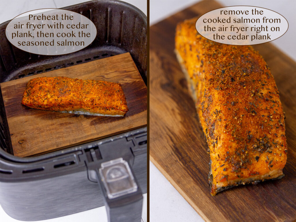cooking salmon: on the cedar plank in the air fryer basket on left, and cooked on the cedar plank on right.
