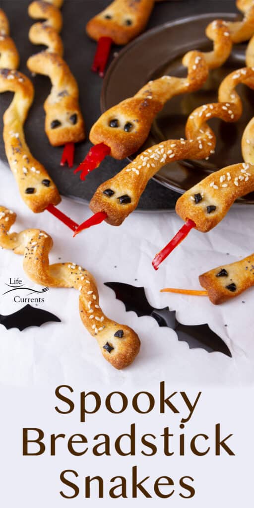 Breadstick Snakes on a plate coming towards the camera and some black bats.