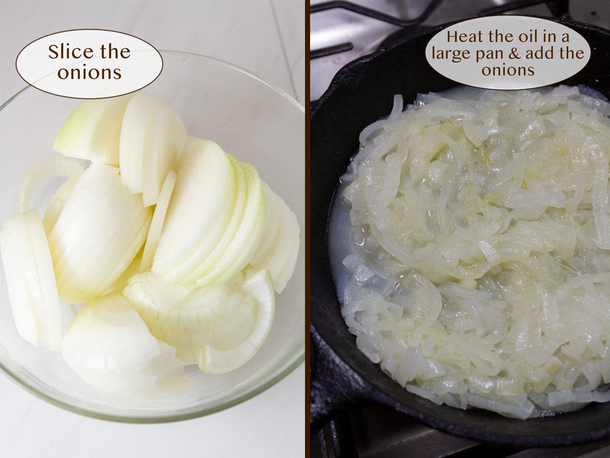 how to make French Onion Bruschetta: sliced onions on left and onions cooking in a cast iron skillet on right.