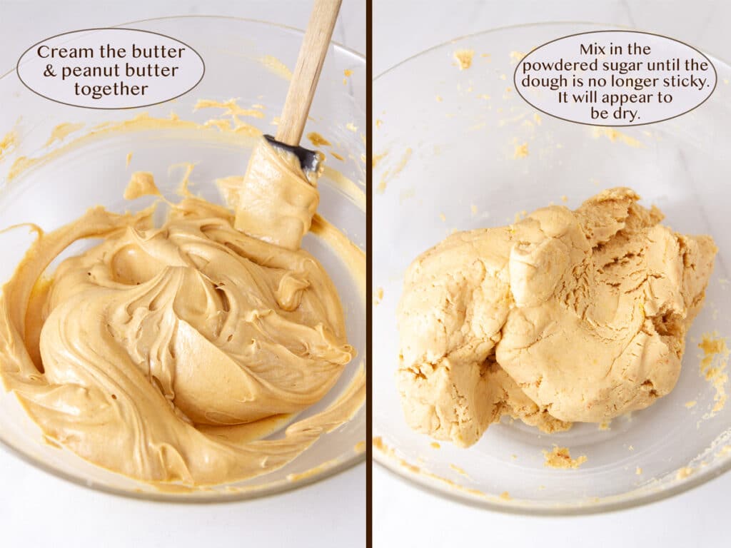 how to make this pumpkin craft: start with creamed butter and peanut butter then mix in the sugar.