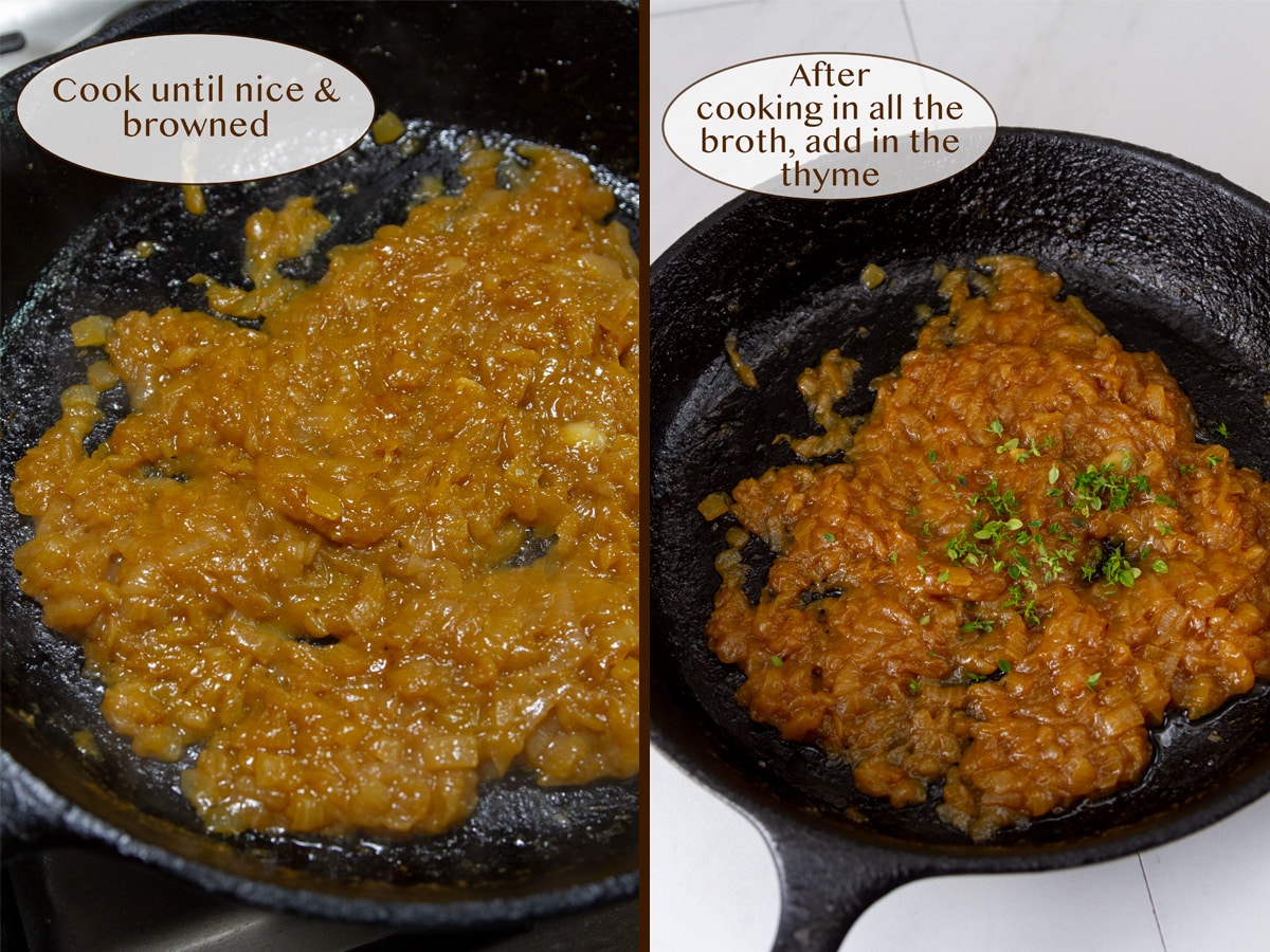 caramelized onions in a cast iron skillet on right, and with added thyme on left.