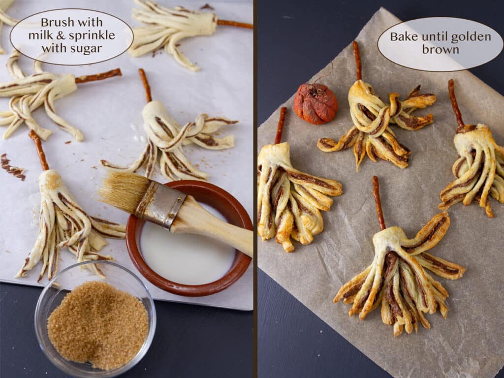 milk wash and sugar sprinkle, then baked witches brooms.