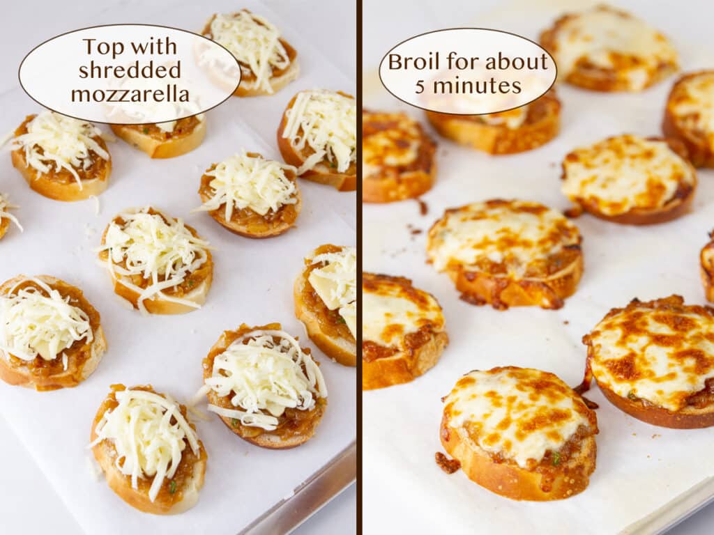 shredded cheese on top of sliced bread with onions on left, and after being cooked and the cheese is browned on right.