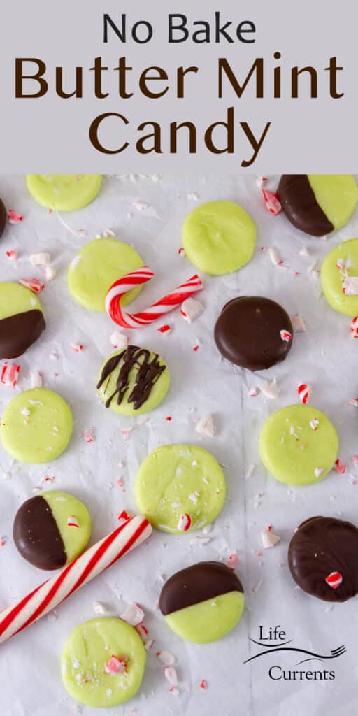 looking down on a bunch of No Bake Butter Mint Candy lined up on a piece of parchment on a serving tray with candy canes around.