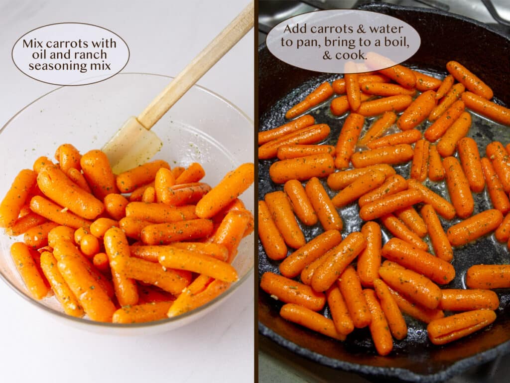 raw carrots tossed with ranch seasoning in a glass bowl on left, and added to a skillet with water on right.