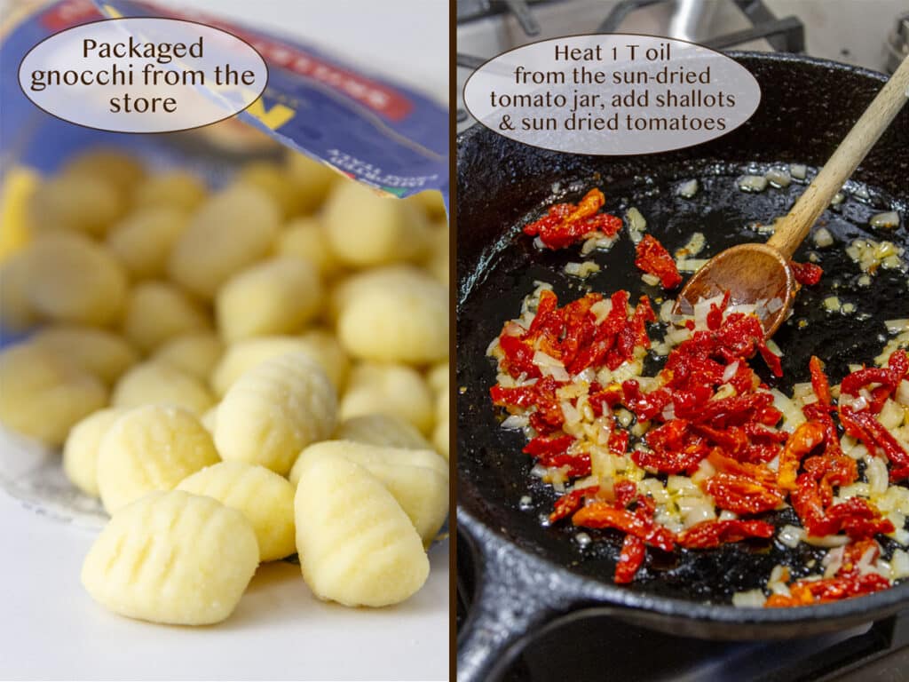 raw gnocchi spilling out of the bag on left, and shallots and sun dried tomatoes in a cast iron skillet on right.