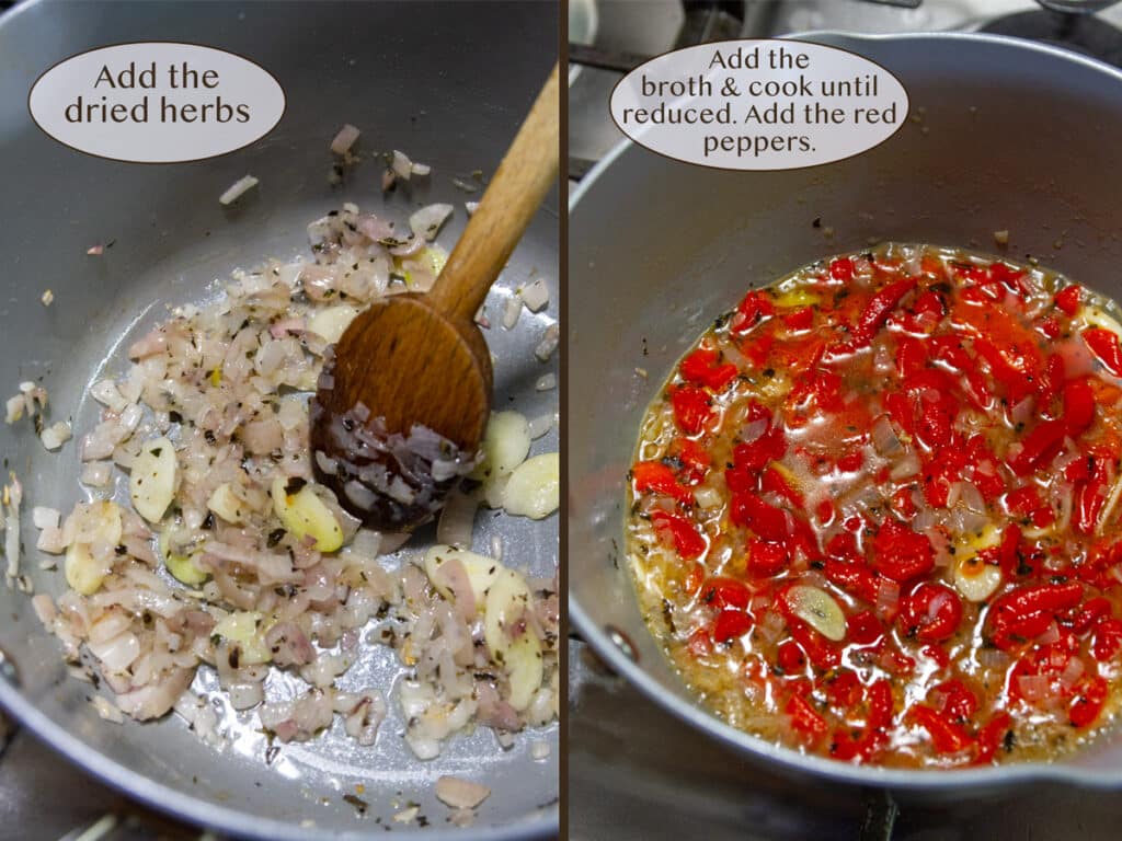shallots, garlic, and herbs in a pan cooking on left, and added broth and red peppers on right.